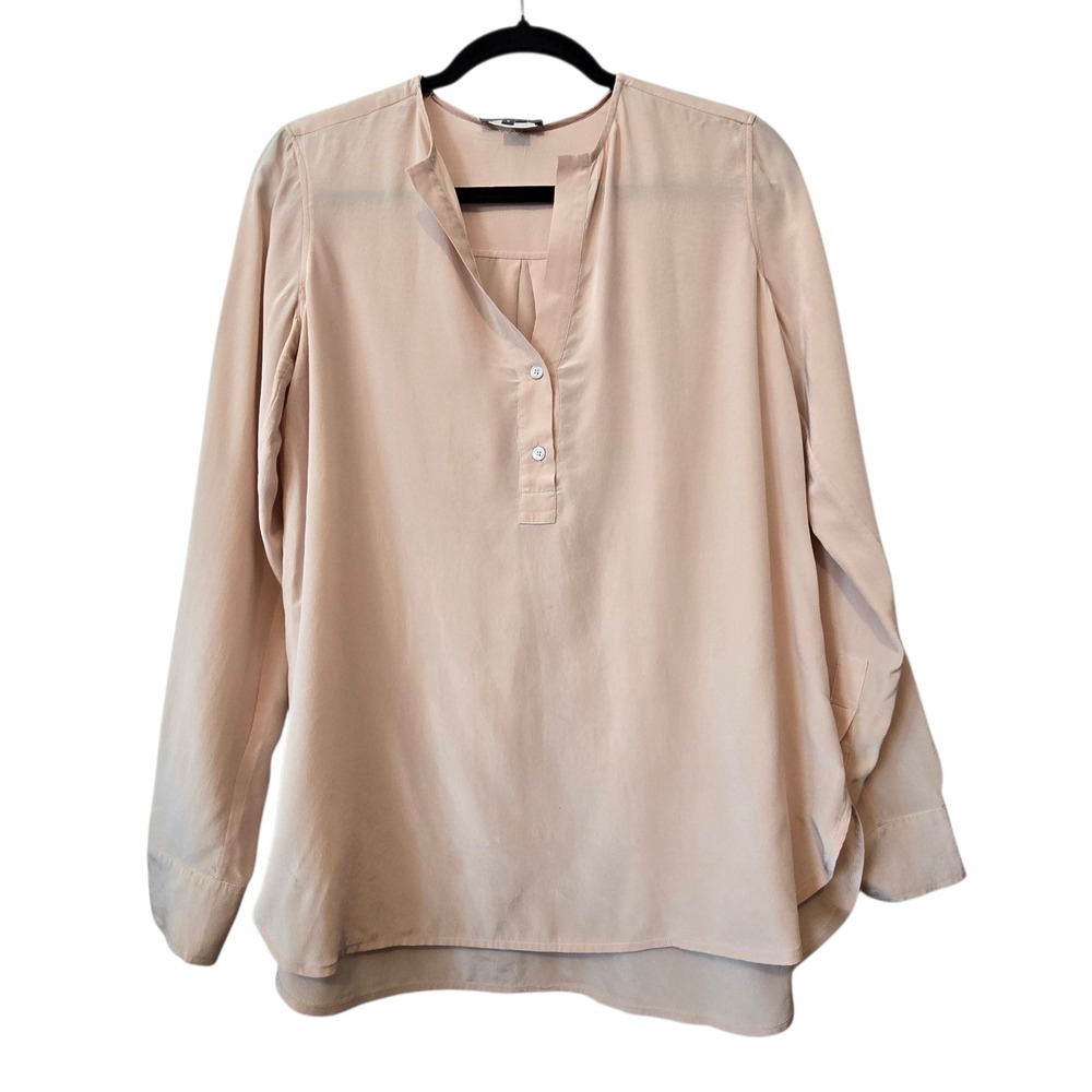 Vince‎ Long Sleeve Split Neck Silk Blouse Top Womens 6 Blush Beige Pink Luxury